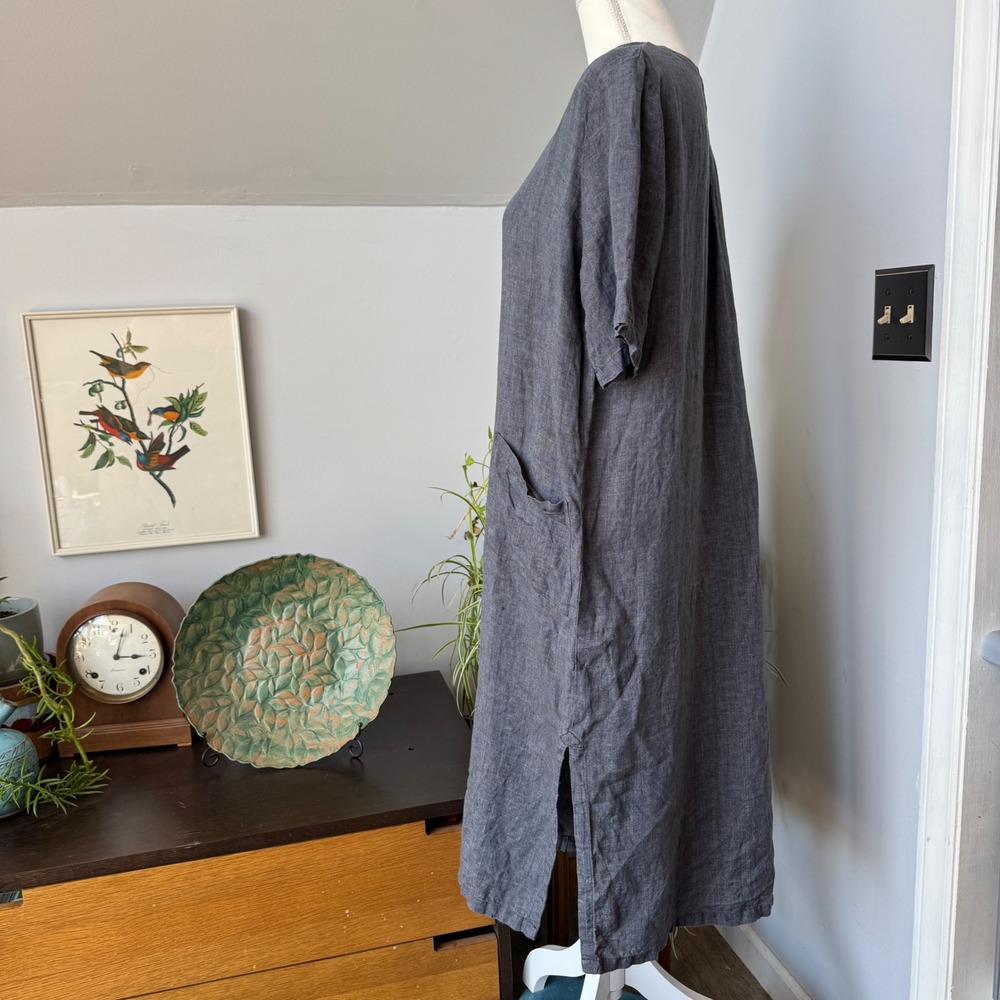 Nygardsanna Linen Dress XS Blue Gray Midi Casual Pockets Short Sleeve Lagenlook - Picture 2 of 8
